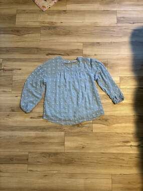 OTT Women's Blue Swiss Dot Lined Chiffon Puff Sleeve V-Neck Blouse